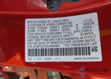 2020 Honda Civic Lx из США, поврежденный, VIN 2HGFC2F63LH564882